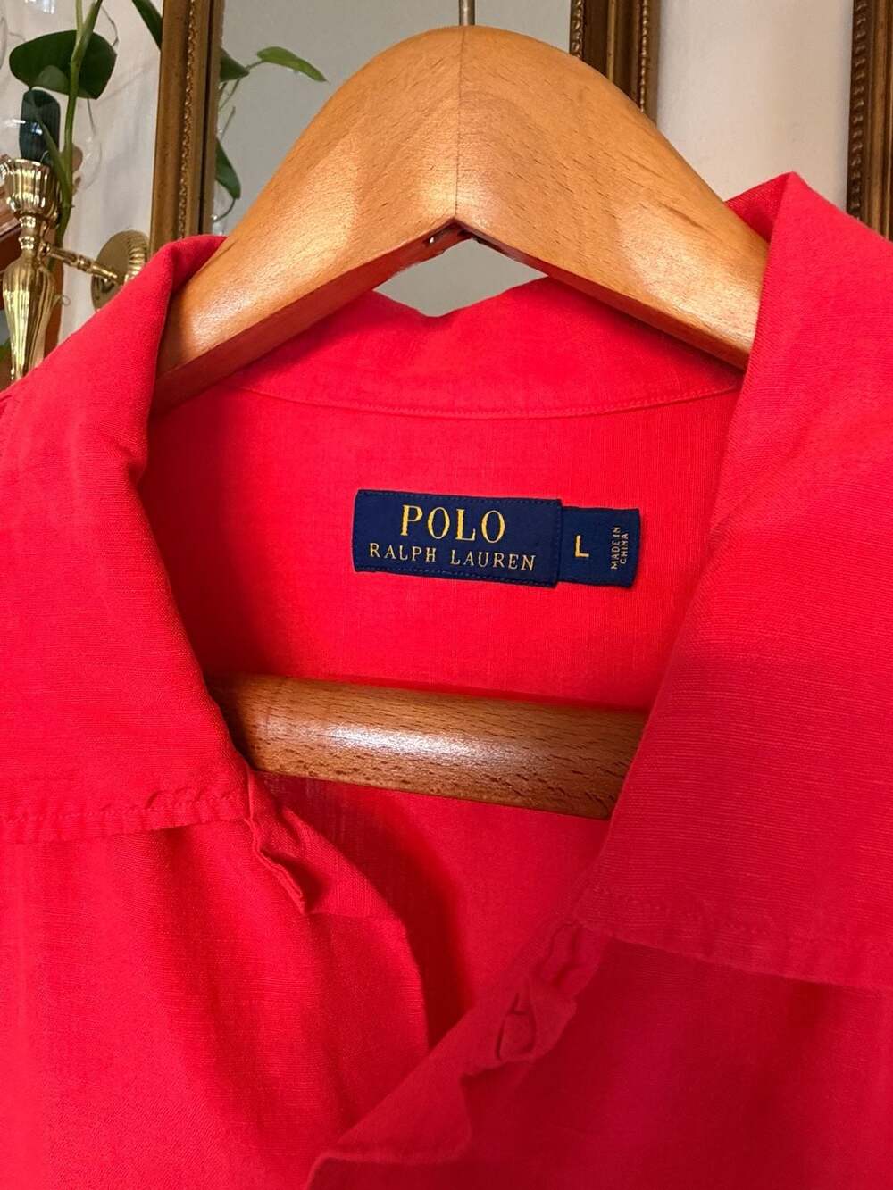 Polo Ralph Lauren Red Linen Silk Short Sleeve Button Down Shirt Size L